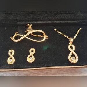 Gold Plated Infinity CZ Necklace Bolo Bracelet Earrings Set